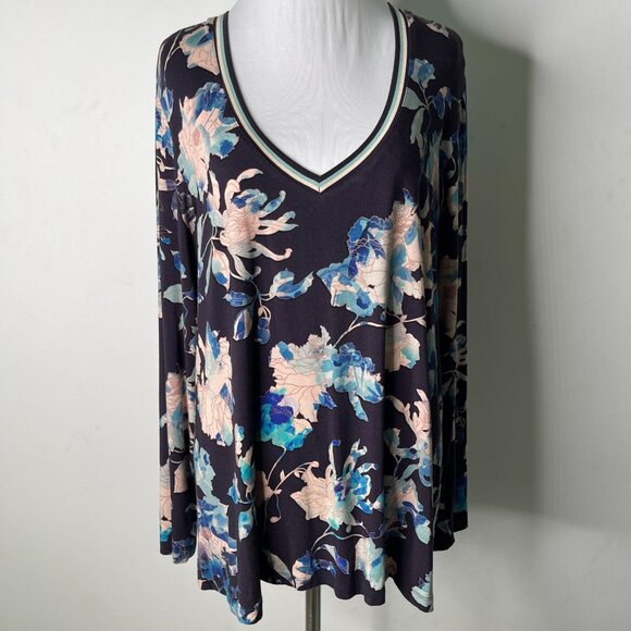 Johnny Was Tops - Johnny Was Women's Blue Purple Chryssy Long Sleeve V-Neck Blouse Size Large